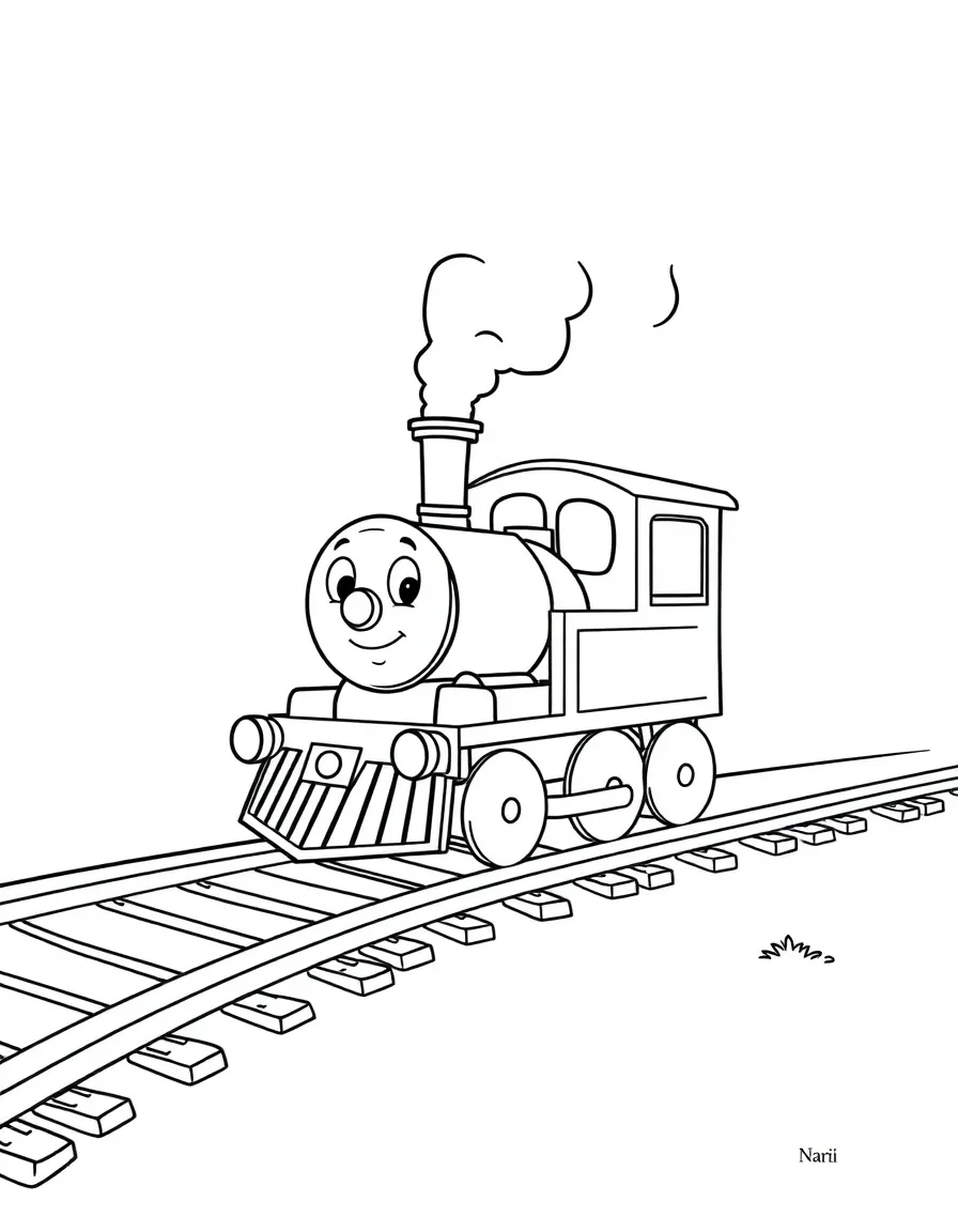 A track with a happy train running on it.
