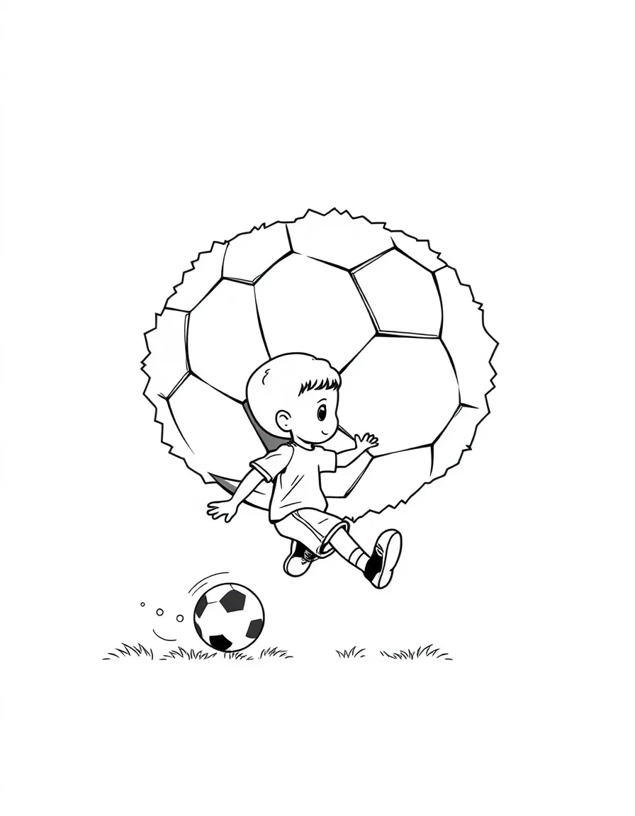 A tiny soccer player kicking a gigantic, fluffy soccer ball.