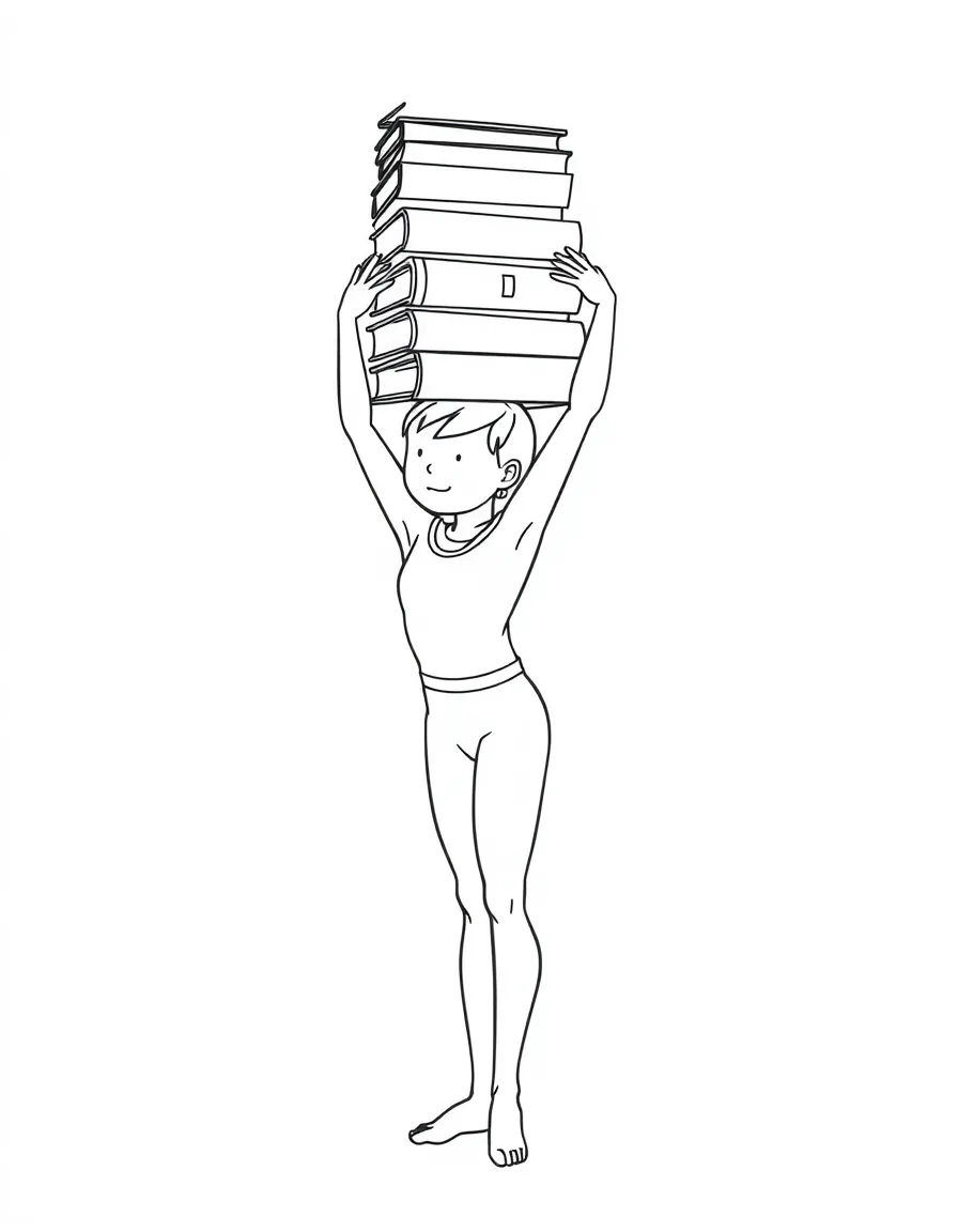 A gymnast balancing a stack of colorful books on their head.