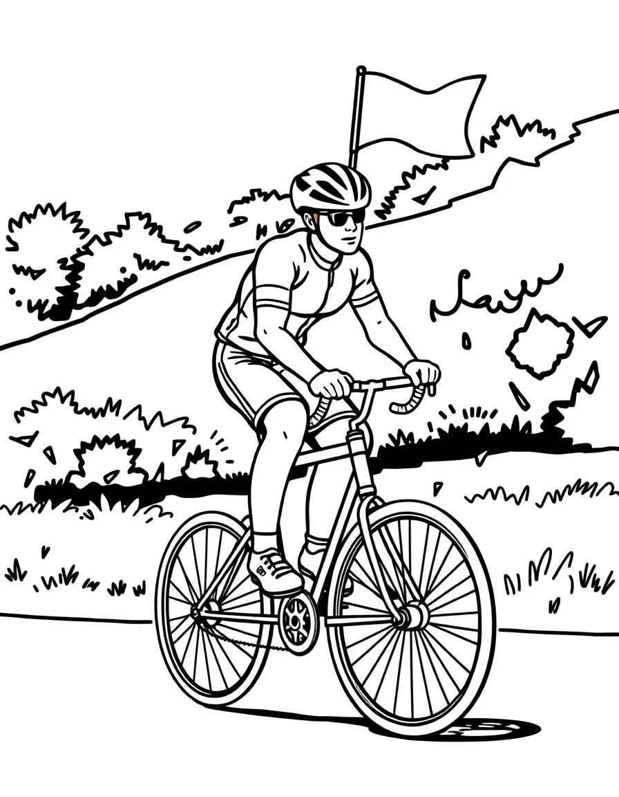 A cyclist riding a unicycle with a tiny flag.