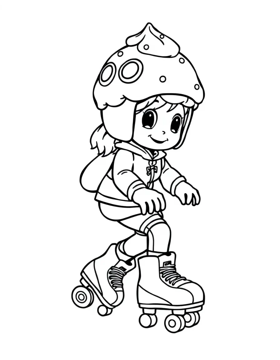 A roller skater wearing a helmet shaped like a cupcake.