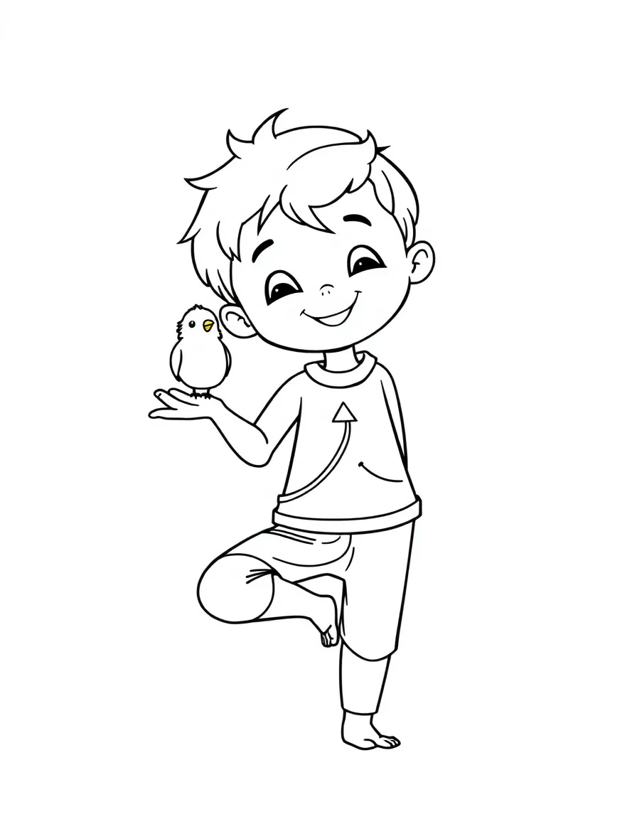 A yoga kid doing a pose with a happy little bird perched on their hand.
