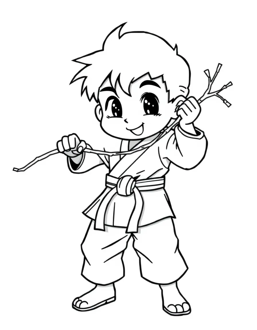 A karate kid breaking a very thin, happy twig.