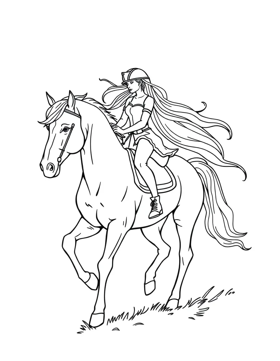 An equestrian riding a horse with a flowing, rainbow mane.