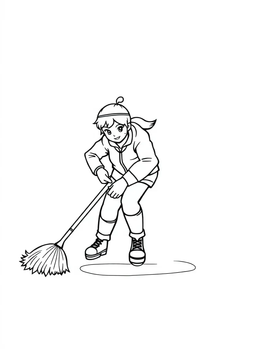 A curler sweeping the ice with a giant, fluffy broom.