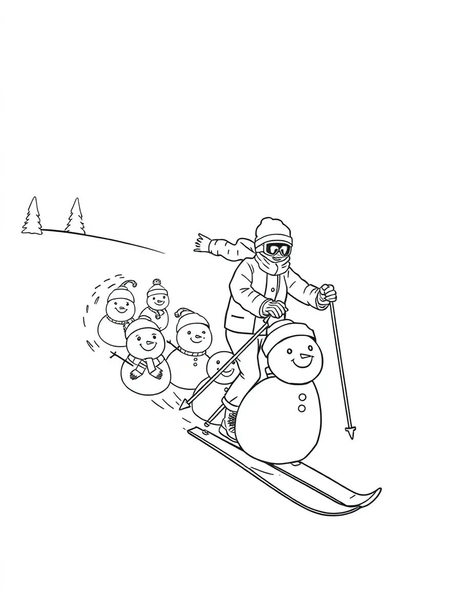 A skier leaving a trail of happy snowmen.