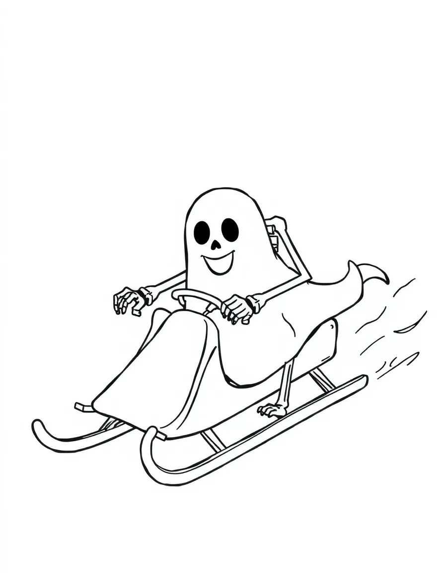 A skeleton racer with a friendly ghost drawn on their sled.