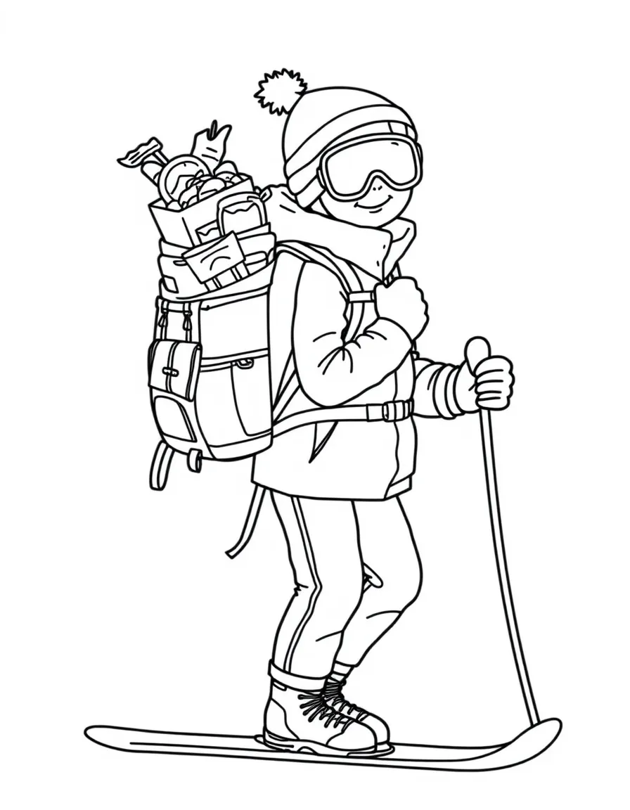 A cross-country skier with a backpack full of happy snacks.