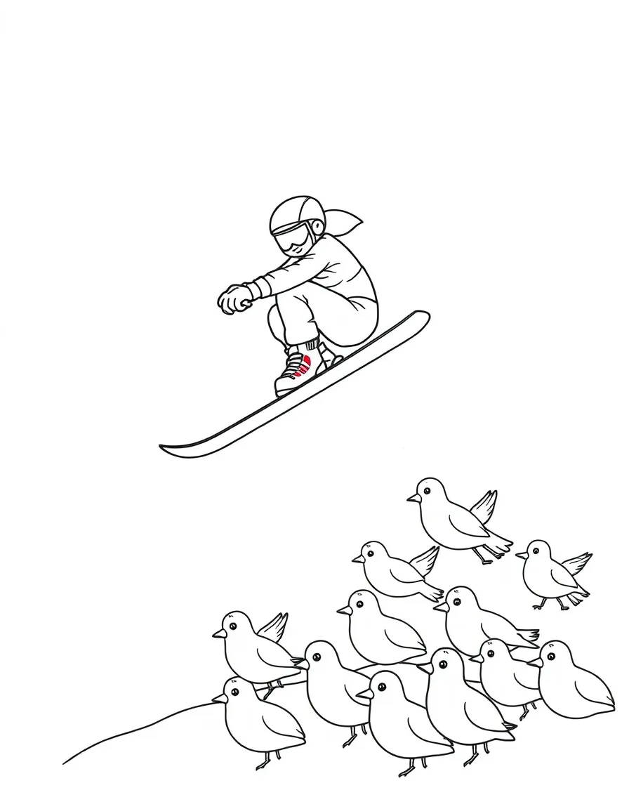 A ski jumper flying over a flock of happy birds.