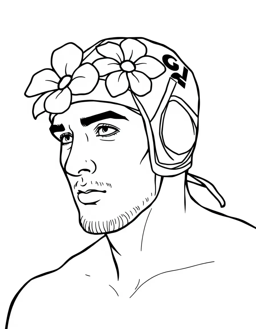 A water polo player wearing a swim cap with a flower.