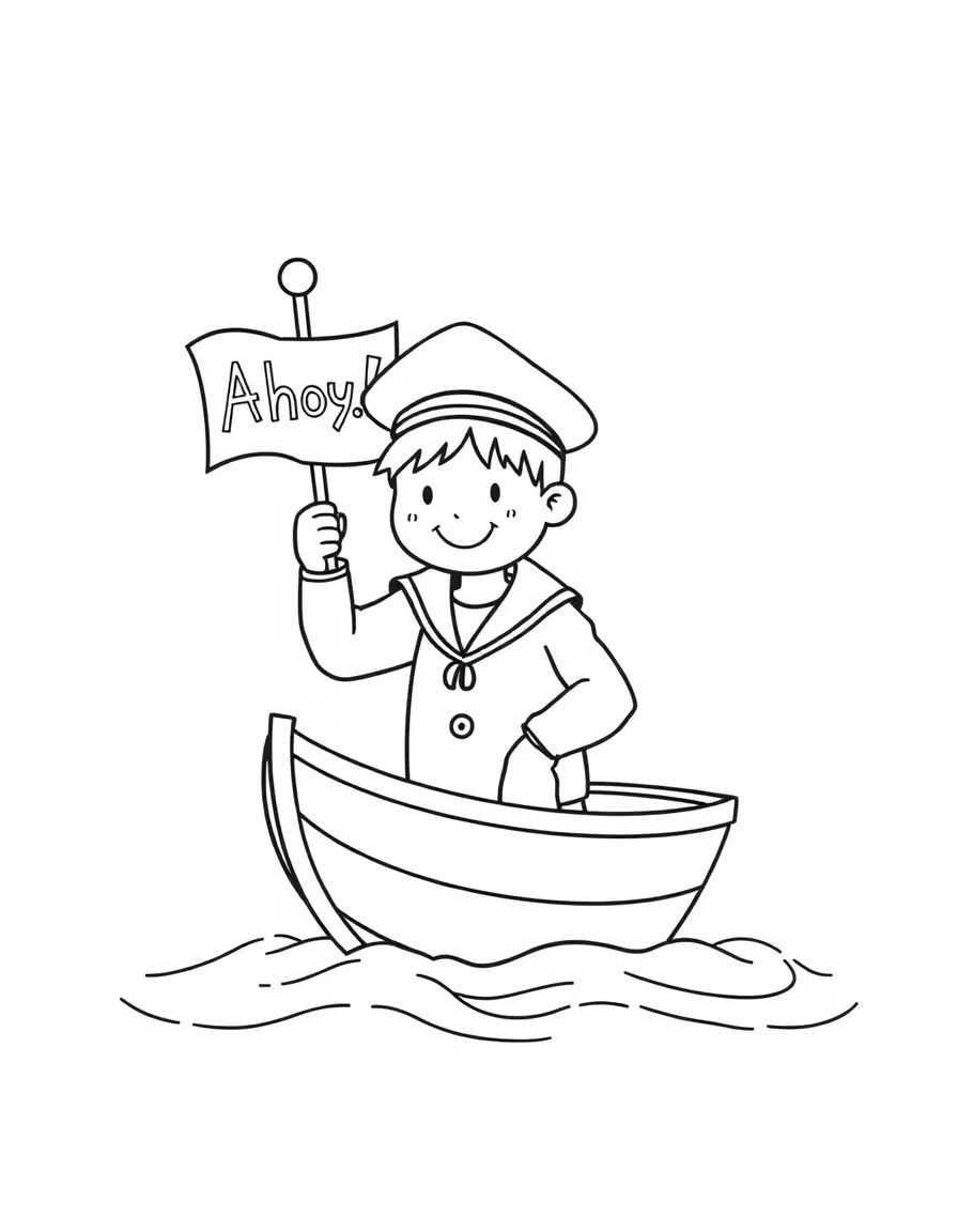 A sailor in a tiny boat with a flag that says "Ahoy!".