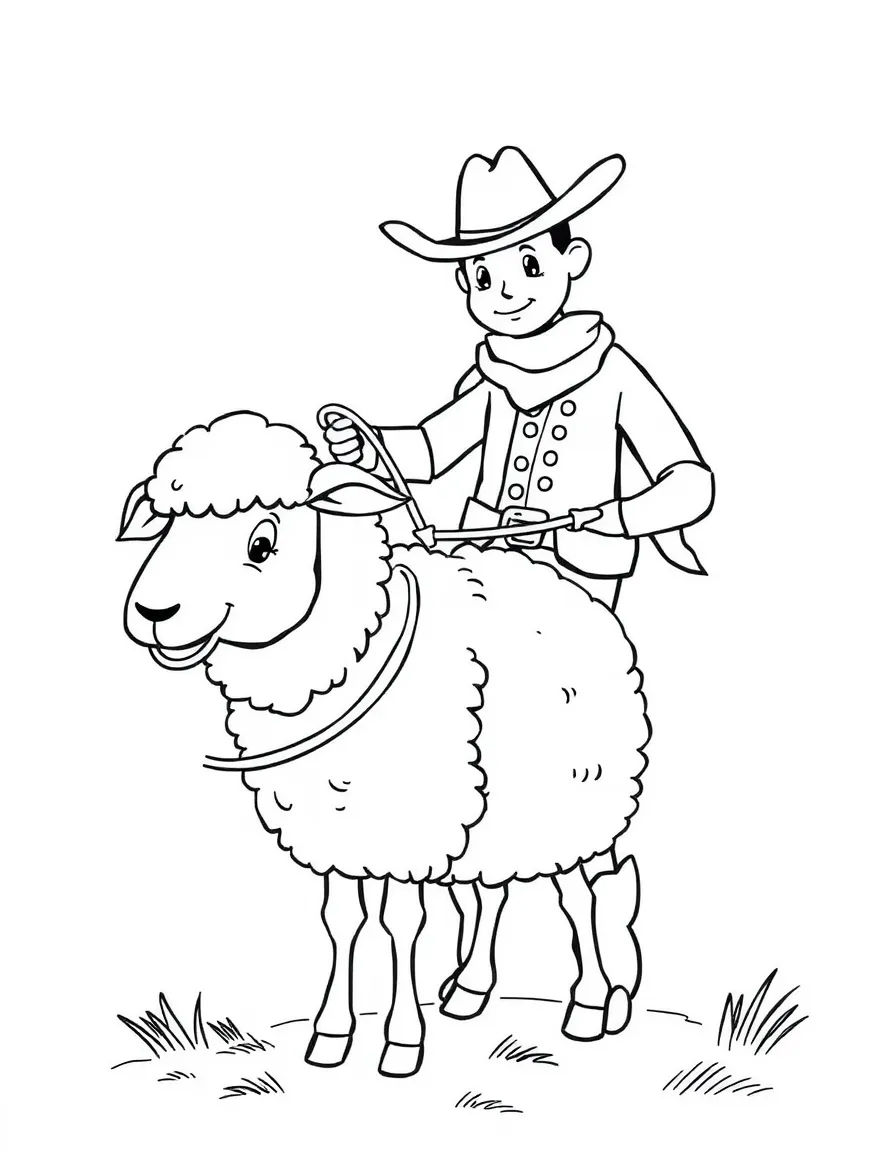 A cowboy roping a friendly, fluffy sheep.