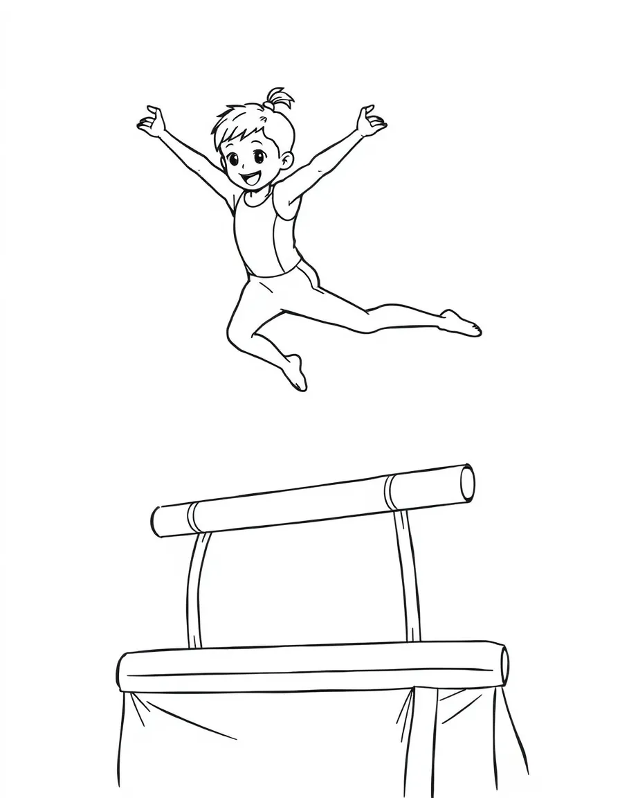 A gymnastic vault competitor doing a happy hop over the vault.