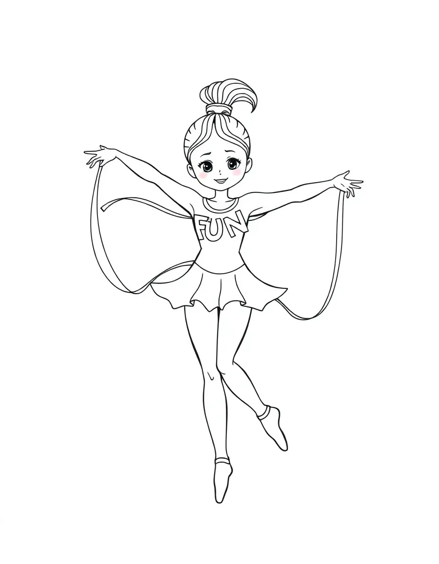 A rhythmic gymnast with a ribbon that spells out "FUN!".