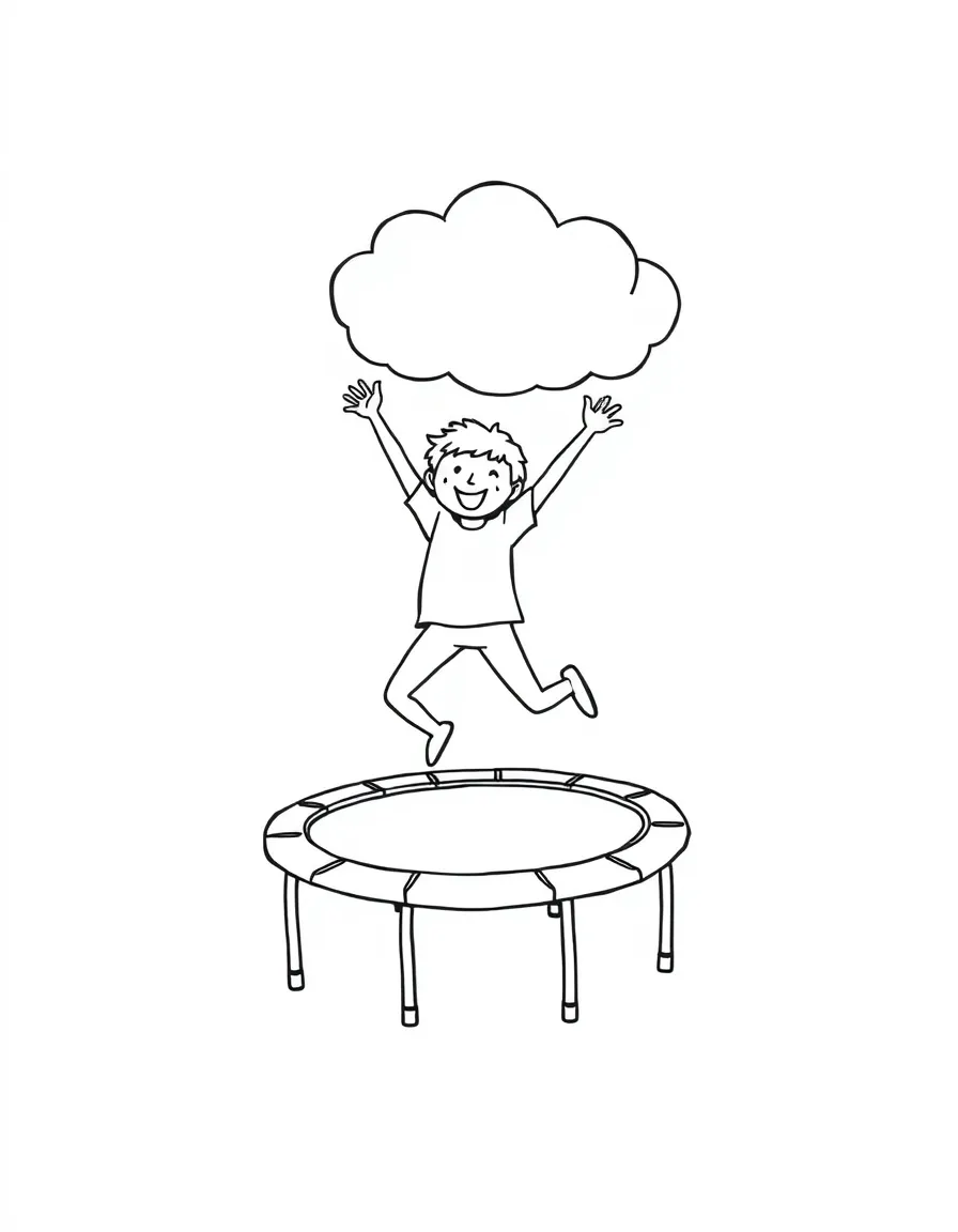 A trampolinist bouncing with a happy cloud above their head.
