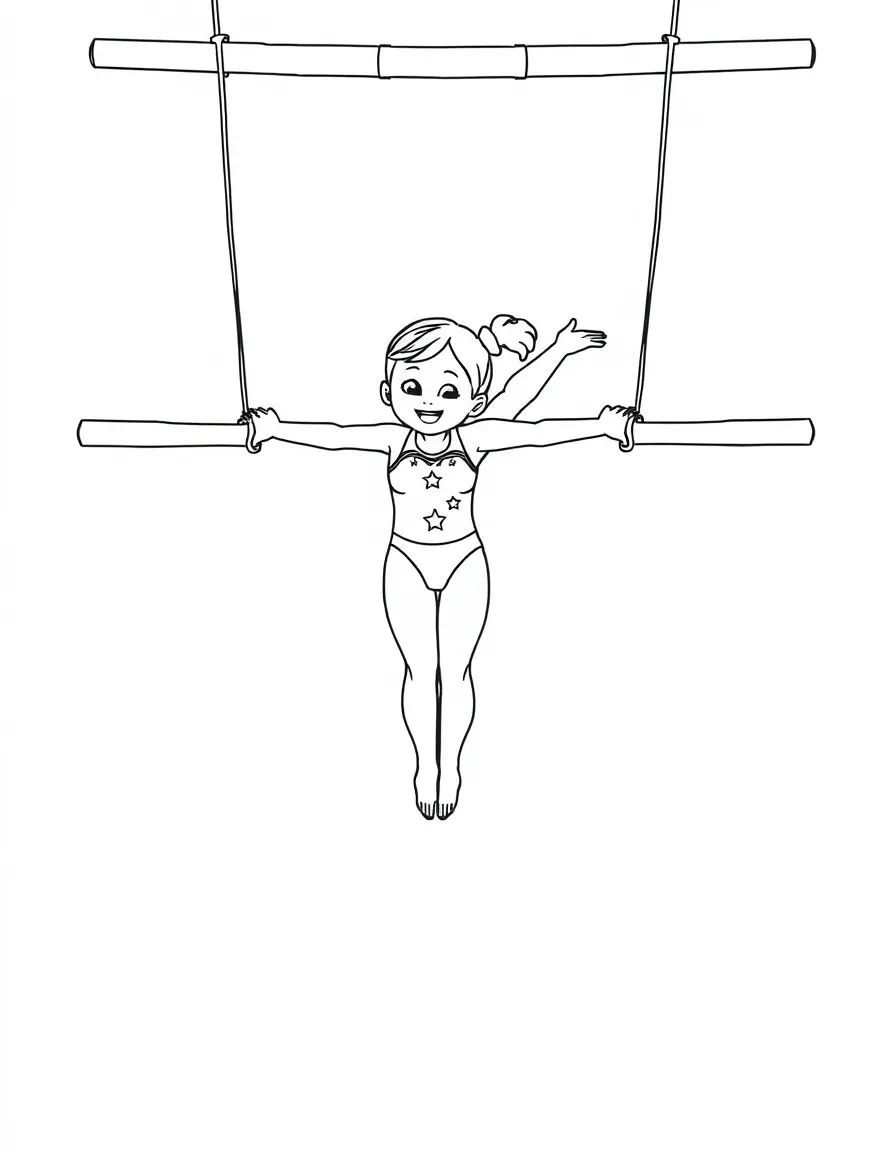 An artistic gymnast on the uneven bars, swinging like a happy pendulum.