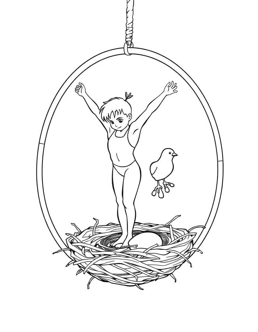 An artistic gymnast on the rings, pretending to be a bird in a nest.