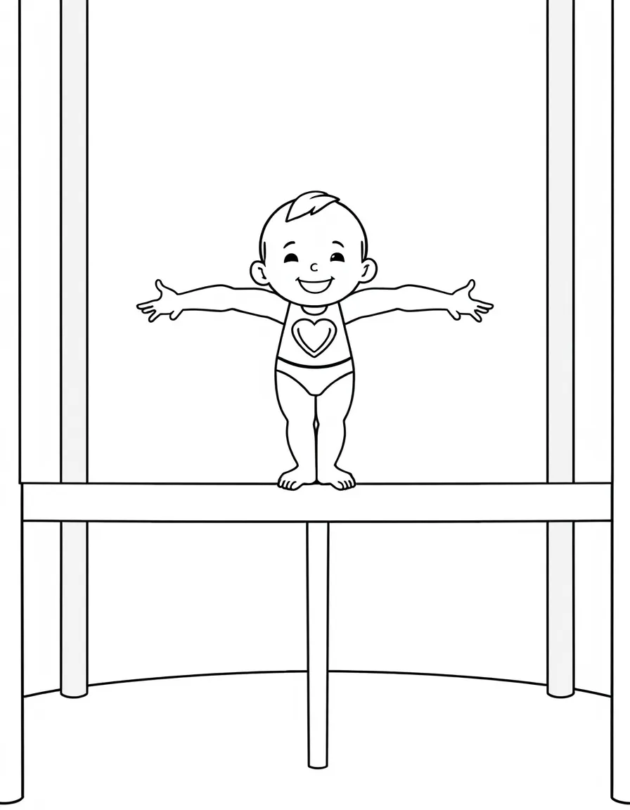 An artistic gymnast on the parallel bars, balancing a happy little toy.