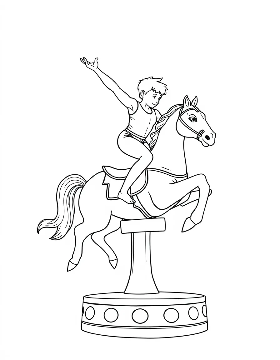 An artistic gymnast on the pommel horse, riding it like a carousel horse.