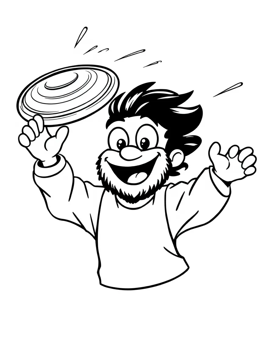 A discus thrower spinning with dizzy, happy eyes.