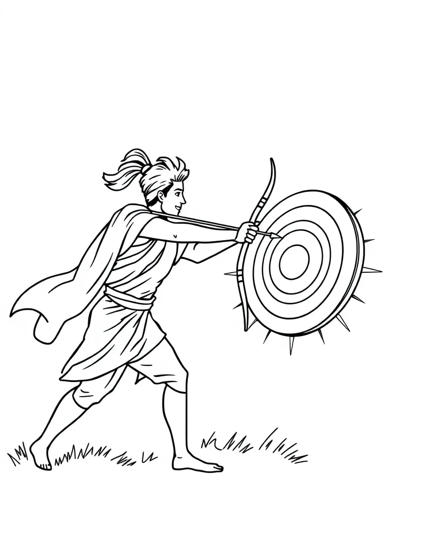 A javelin thrower aiming at a target that looks like a happy sun.