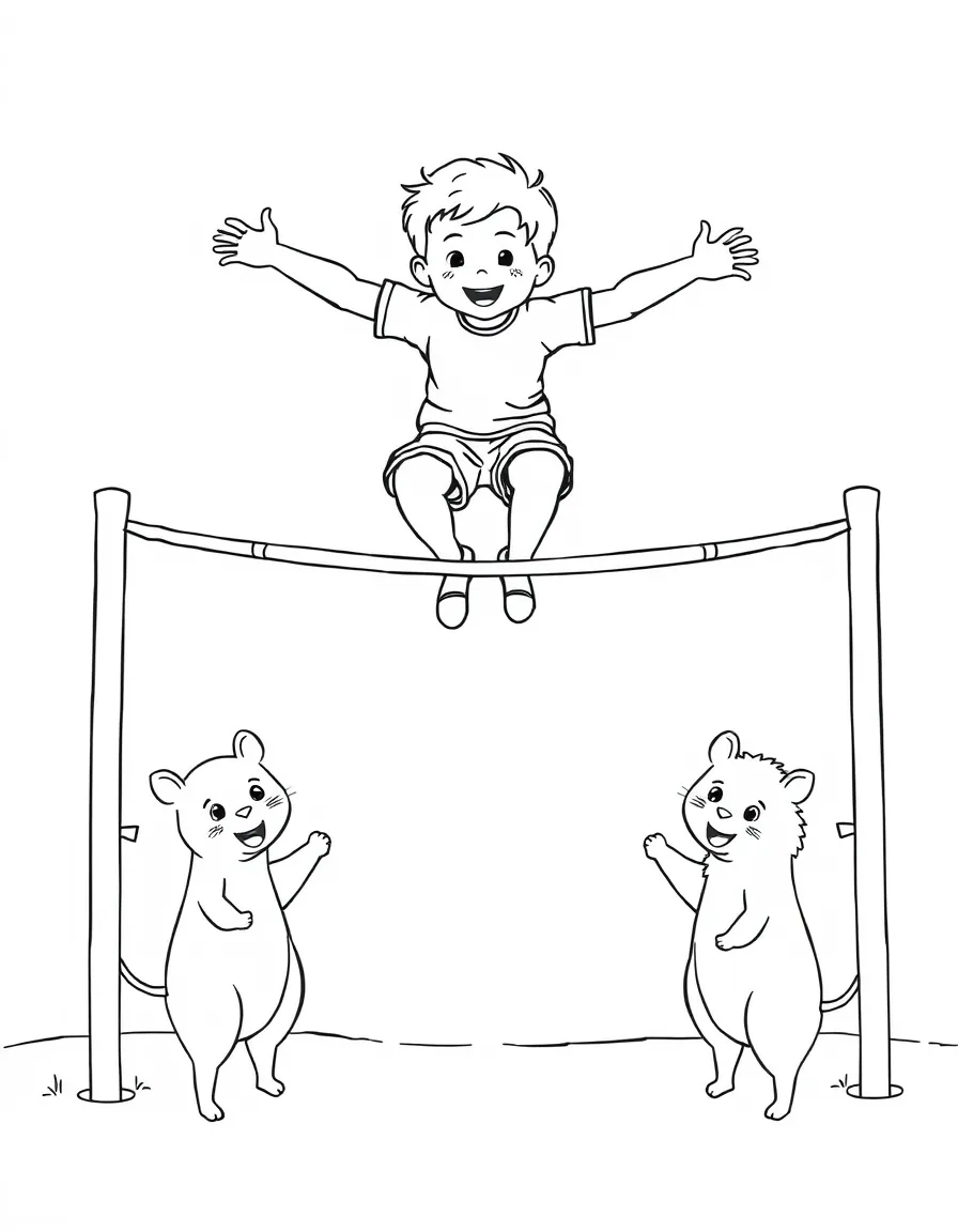 A high jumper jumping over a rope held by two happy animals.