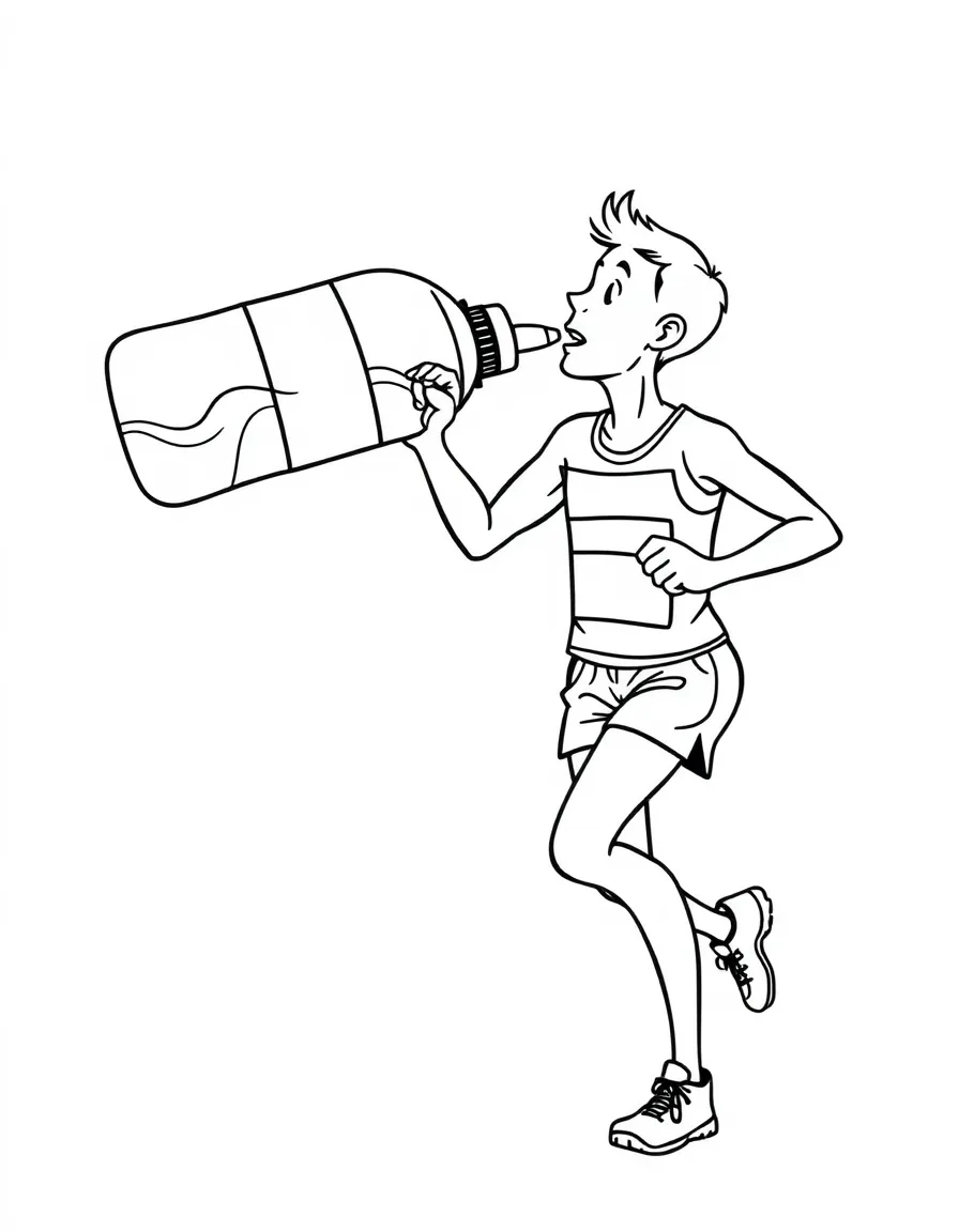 A marathon runner drinking from a giant, happy water bottle.