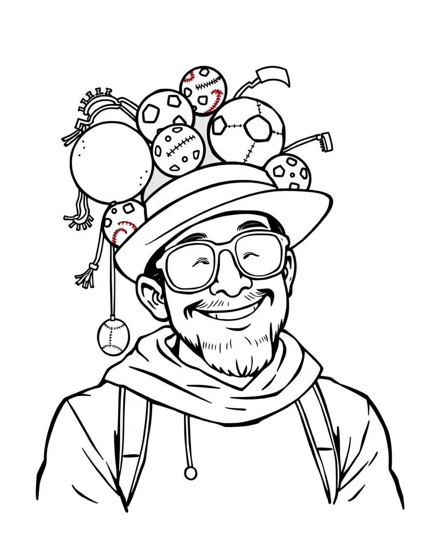 A sports fan wearing a silly hat with dangling sports balls.