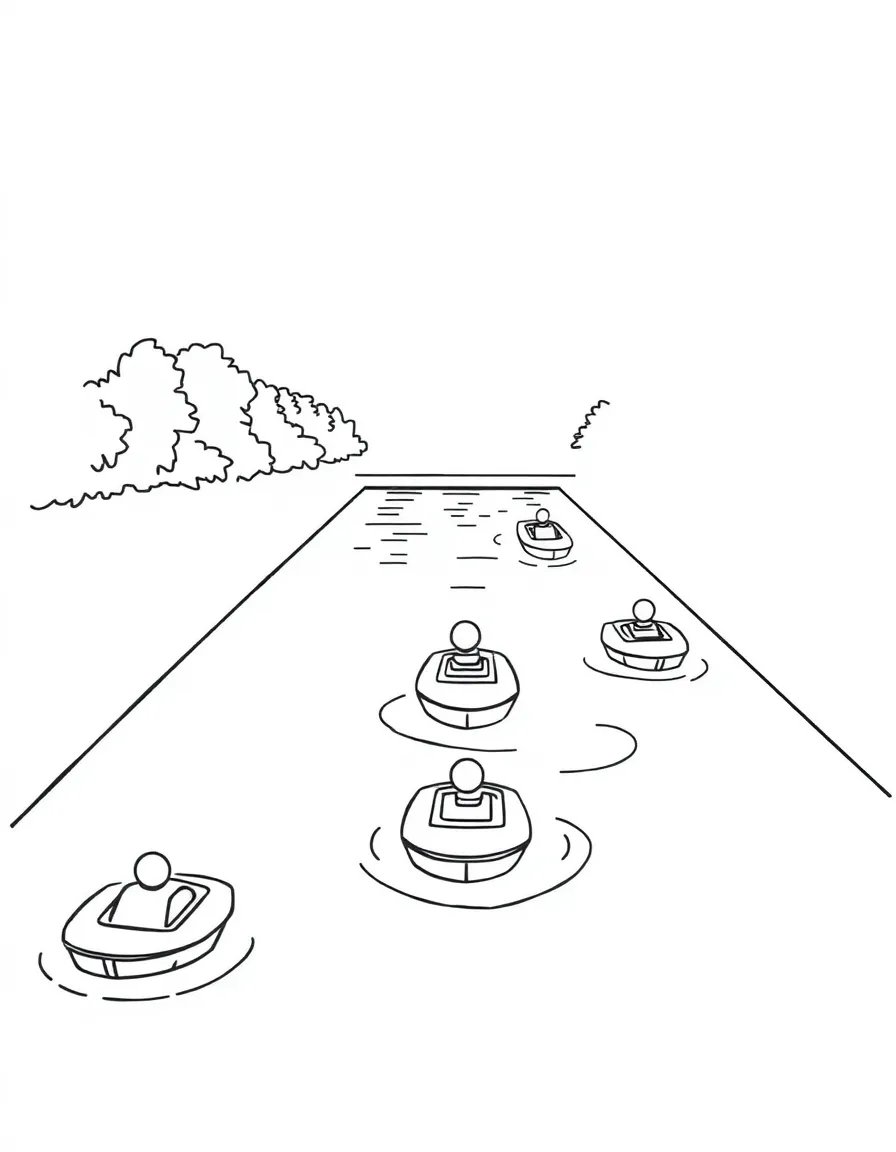 A swimming lane with floating toy boats.