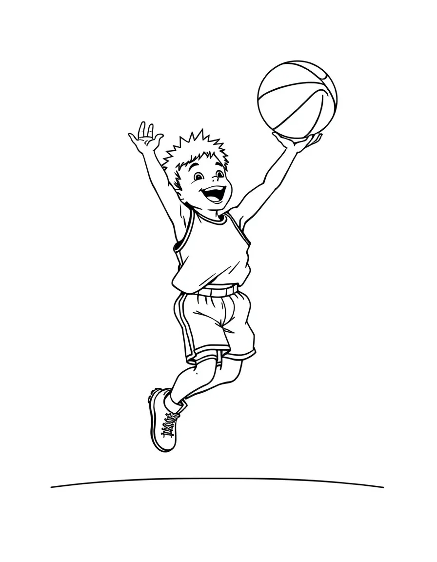 A little basketball player making a joyful jump shot.