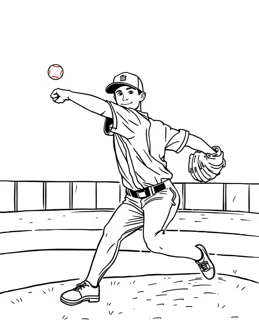 A baseball pitcher throwing a happy curveball.