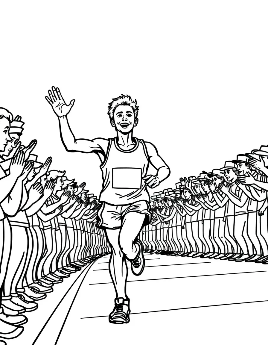 A runner waving to a cheering crowd.