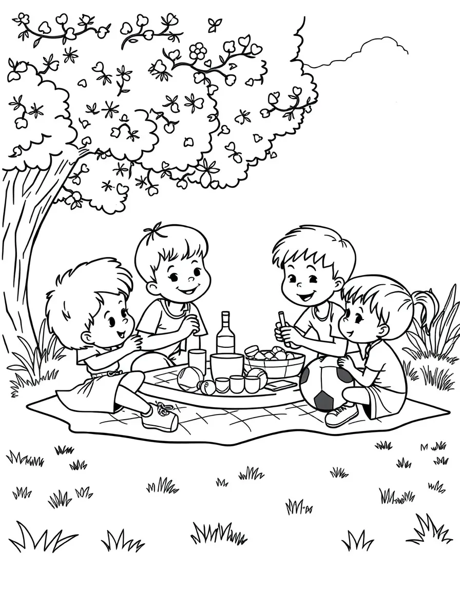 Kids enjoying a picnic after playing sports.