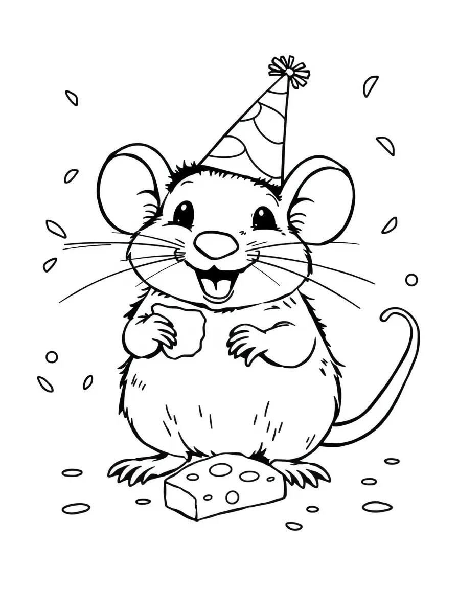 A cheerful rat, wearing a tiny party hat, nibbling on a slice of cheese with confetti falling around.