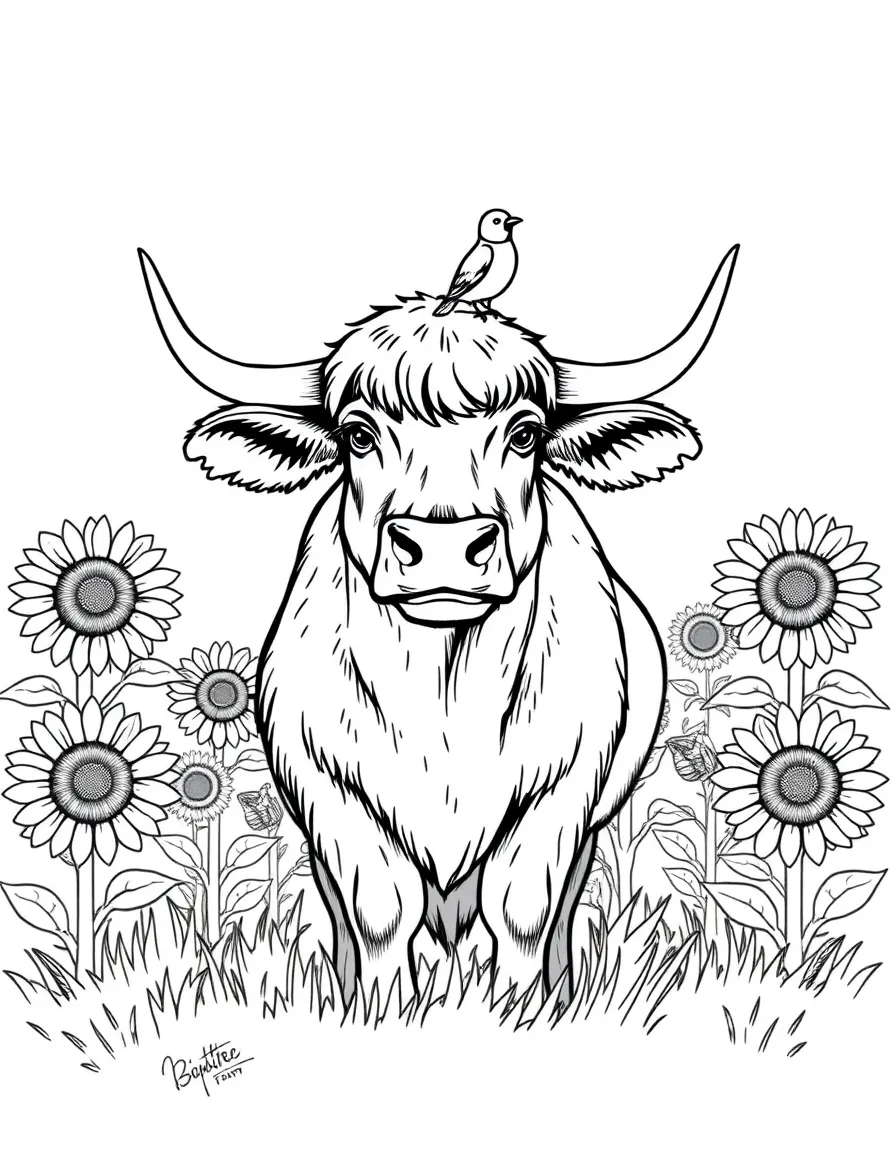 A brave ox, standing in a field of sunflowers, with a friendly bird perched on its horn.