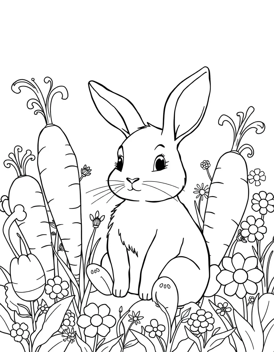 A gentle rabbit, sitting in a garden of giant, whimsical carrots and smiling flowers.