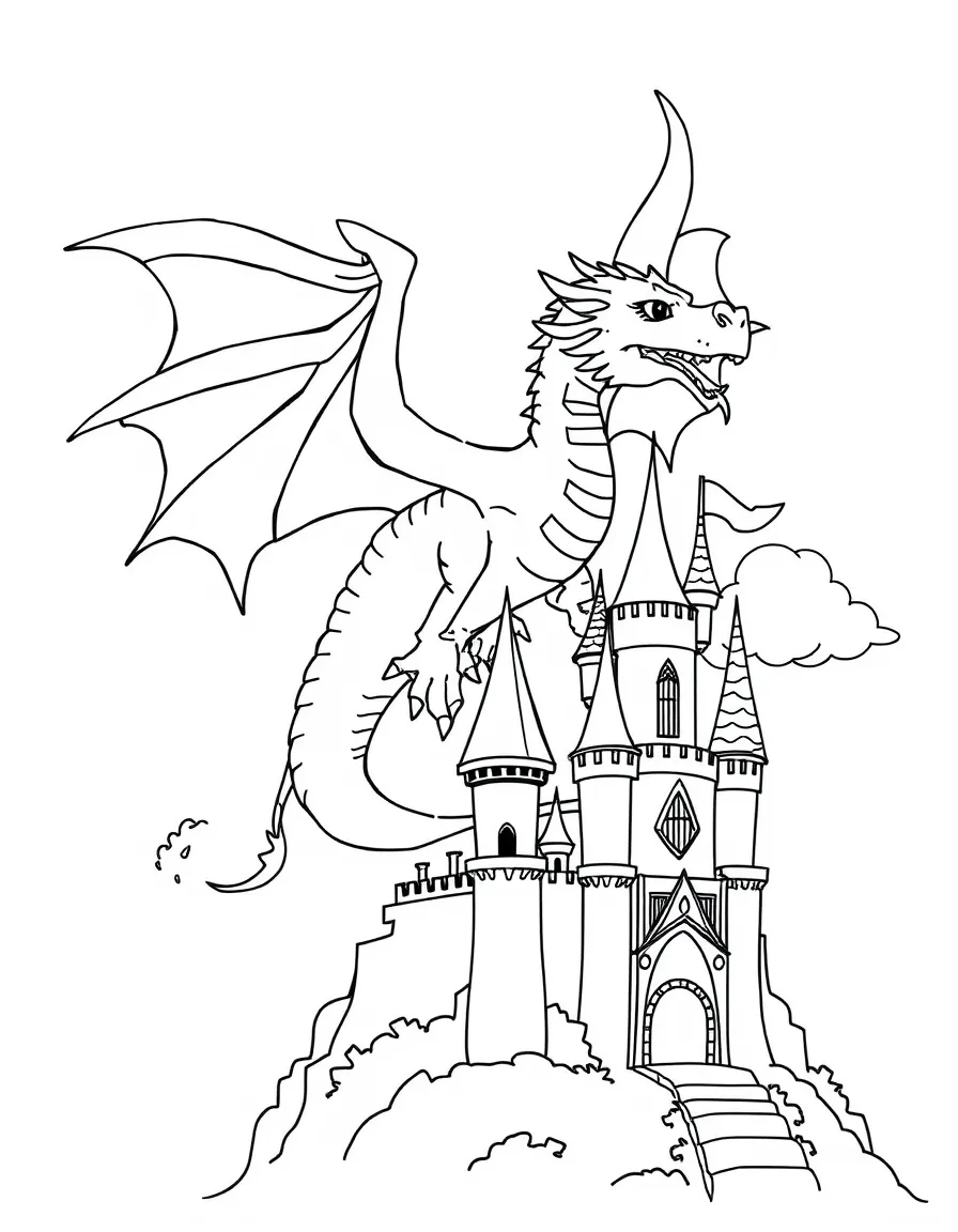 A majestic dragon, soaring over a whimsical castle with a friendly cloud looking on.