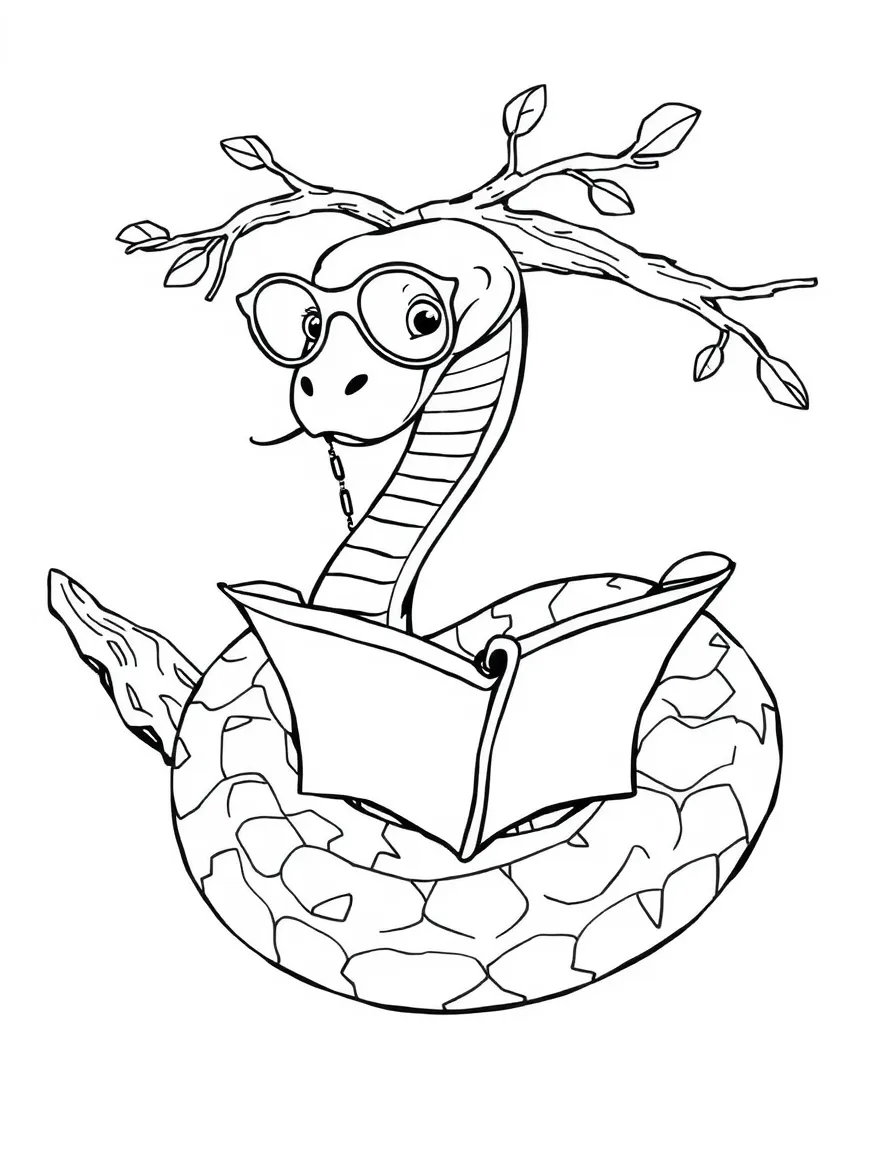 A wise snake, coiled around a tree branch, wearing tiny spectacles and reading a scroll.