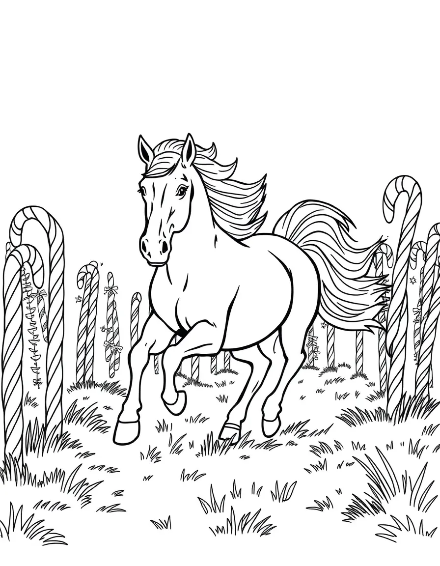 A galloping horse, with a flowing mane and tail, running through a meadow of candy-cane trees.