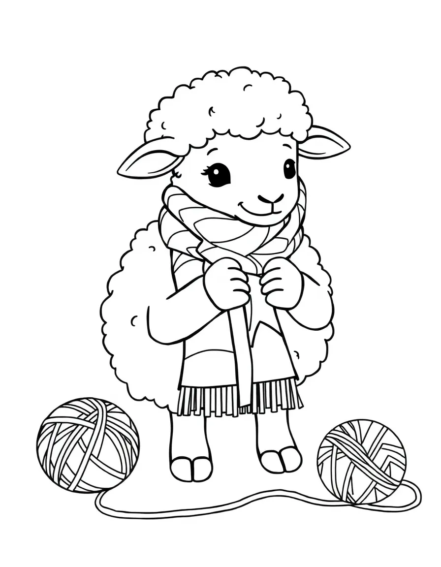 A fluffy sheep, knitting a colorful scarf with a ball of yarn next to it.