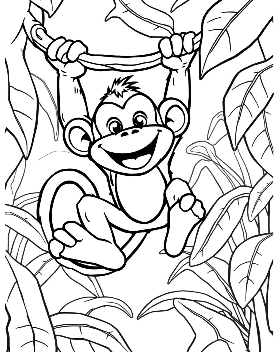 A mischievous monkey, swinging from a vine in a banana forest with a big grin.