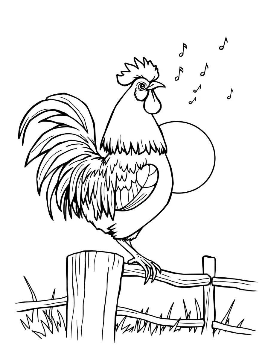 A proud rooster, crowing on a fence post at sunrise with tiny musical notes floating in the air.