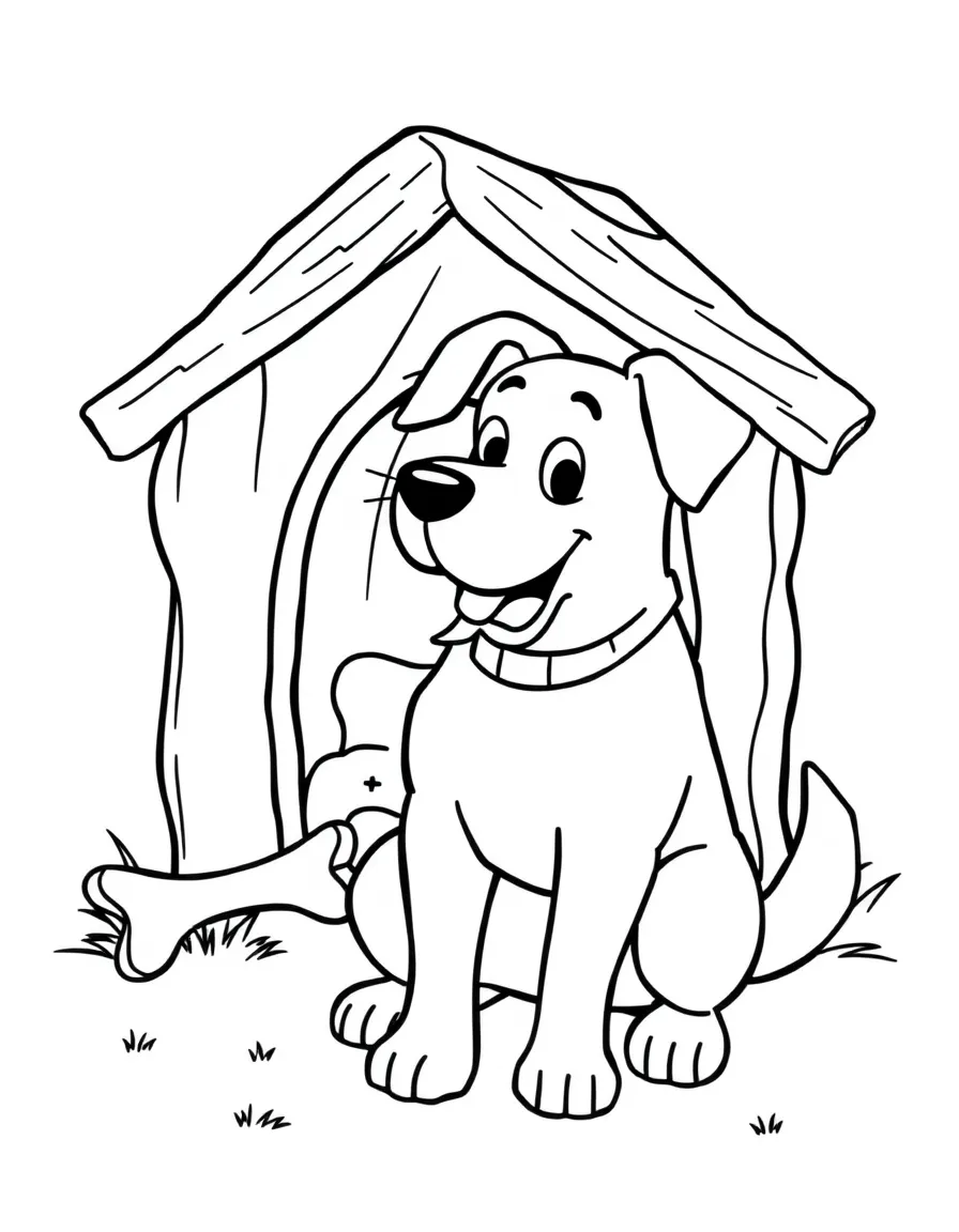 A loyal dog, wagging its tail next to a cozy doghouse with a bone.