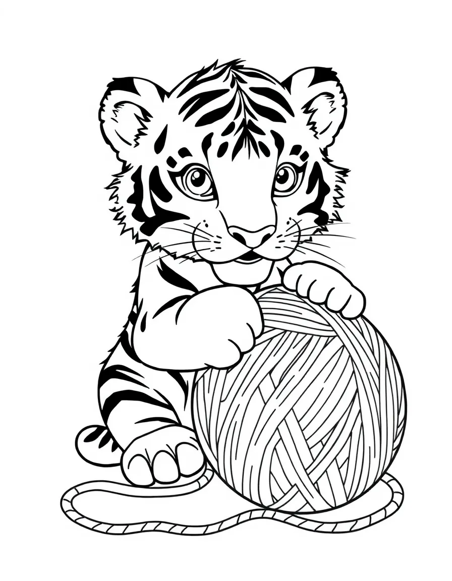 A tiger cub playing with a giant yarn ball, tangled in its stripes.
