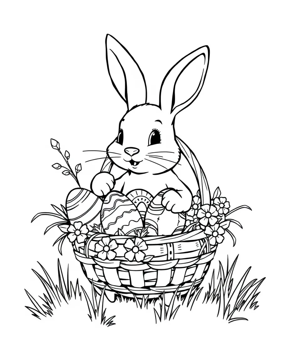 A rabbit holding a basket overflowing with painted Easter eggs.