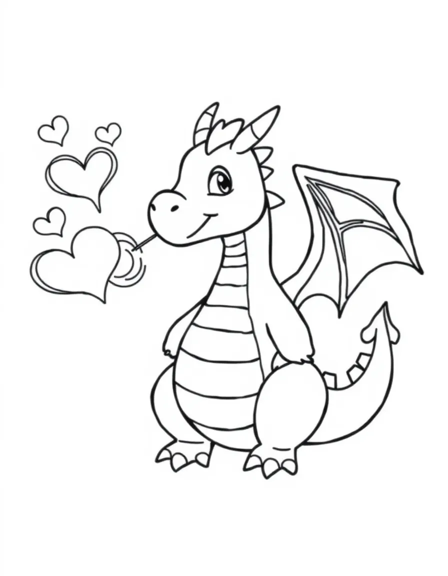 A friendly dragon blowing heart-shaped smoke rings.