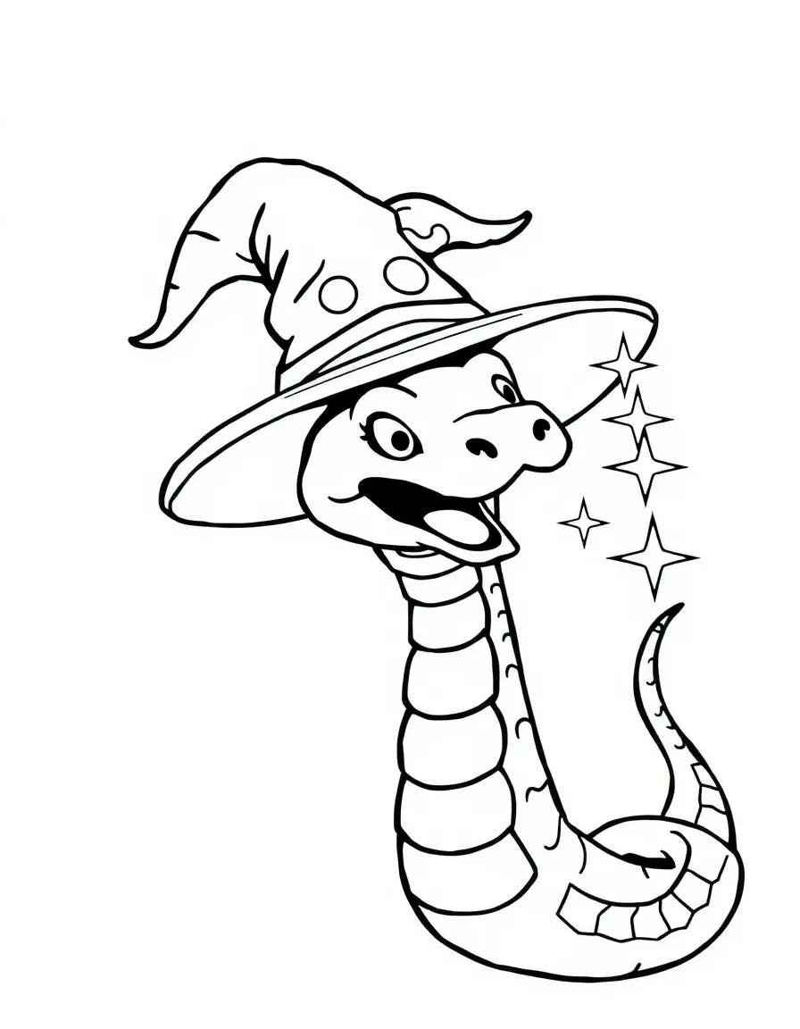 A snake wearing a wizard hat, casting a pretend spell with sparkles.