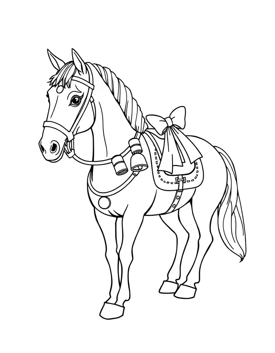 A horse adorned with ribbons and bells, ready for a parade.