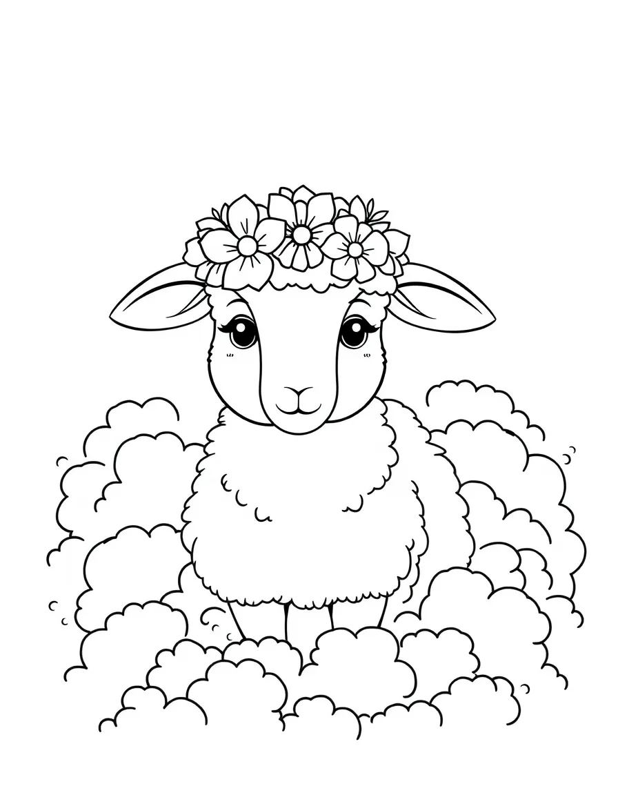 A sheep wearing a flower crown, surrounded by a flock of tiny, fluffy clouds.