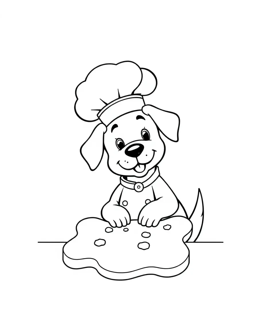 A dog wearing a tiny chef's hat, baking a giant bone-shaped cookie.